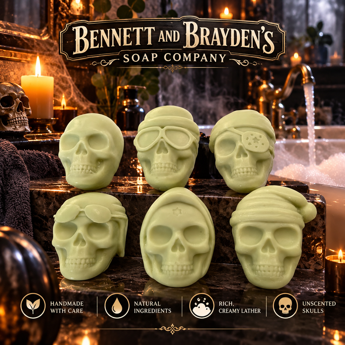 Ghostly, green skulls